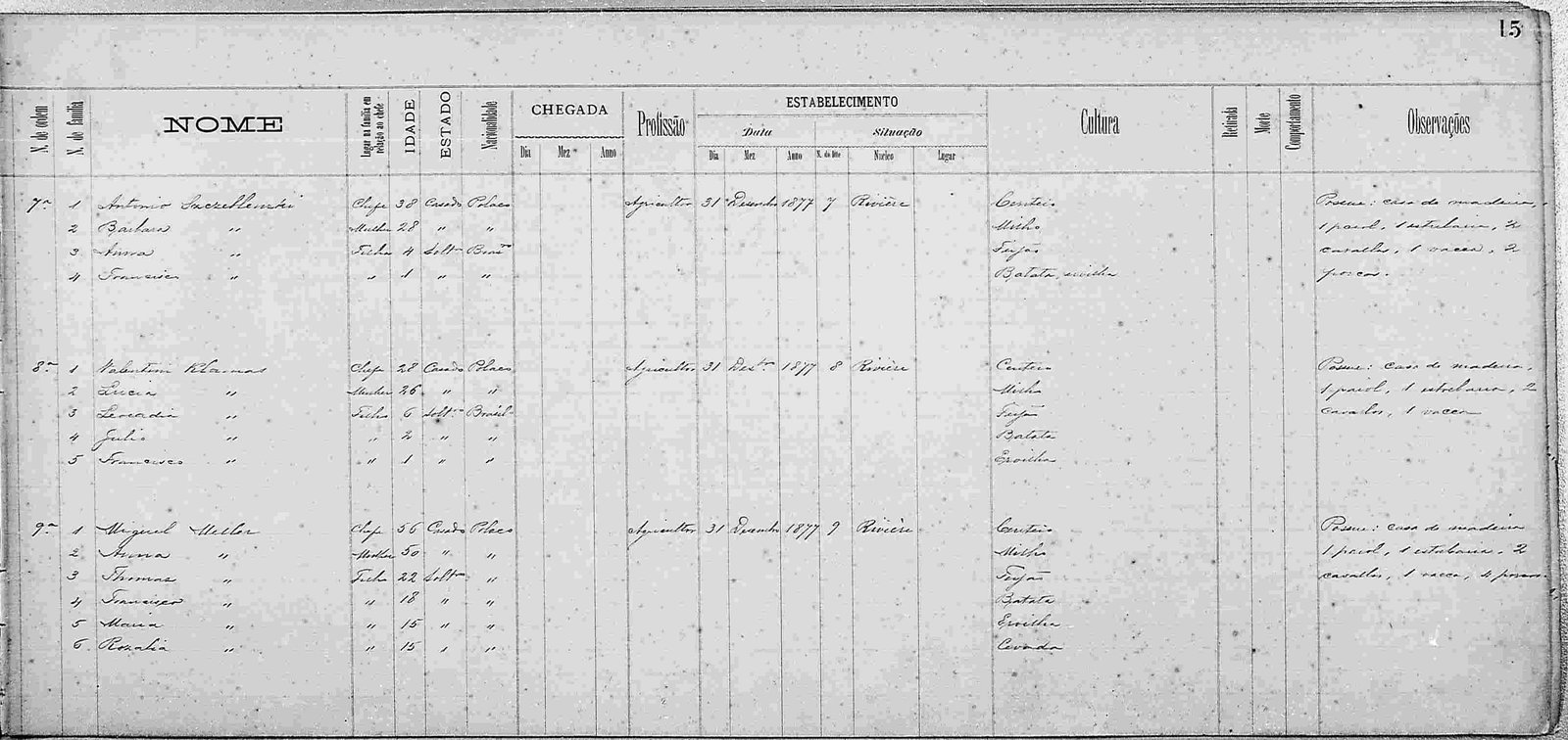 Registo de colonos de 1877 — família nº8, Valentim Klamas, chefe, agricultor, Rivière