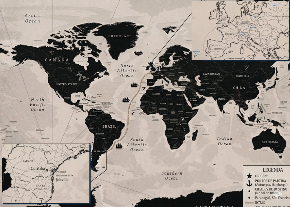 Mapa das rotas de imigração da família Klamas, da Europa ao sul do Brasil