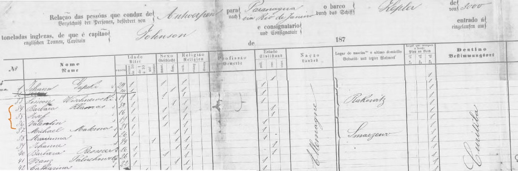 Lista de passageiros do Navio Kepler, 11 de dezembro de 1876 — Barbara, Josef e Valentin Klamas, procedentes de Rakowitz
